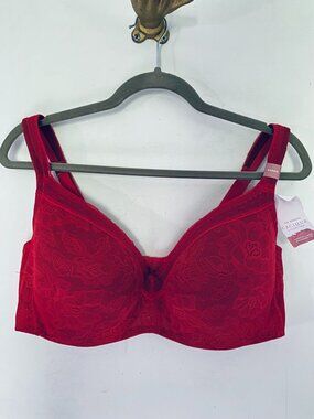 Cacique 42DDD (42F) Red Lightly Lined Balconette Bra Floral Lace